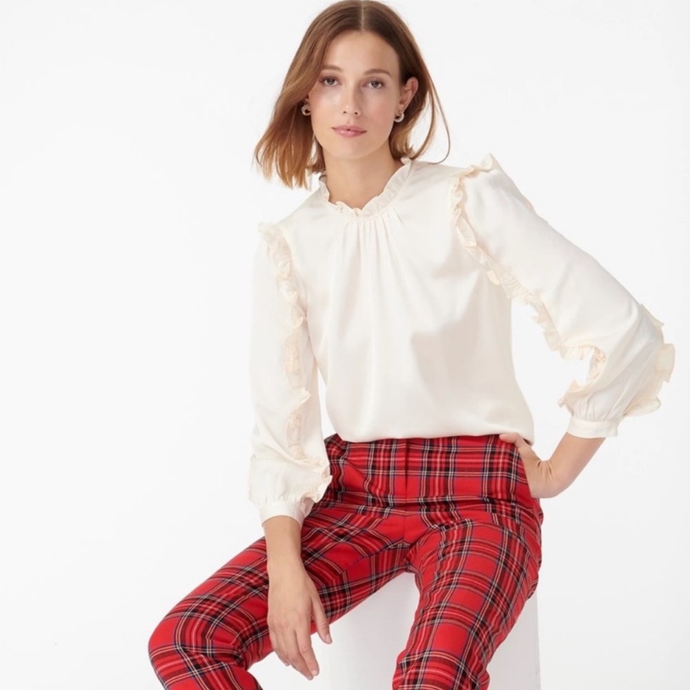 J. Crew Ruffle-Sleeve Top Blouse In Satin Crepe In Cream Size 2X